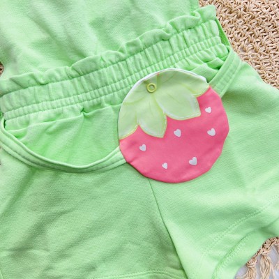 Conj. Cropped Listrado e Jardineira Curta com Pochete de Morango - Verde Neon